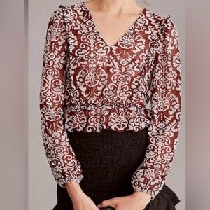 Anthropologie Sheer Jacquard Wine Red Peasant Blouse Size Medium NWT